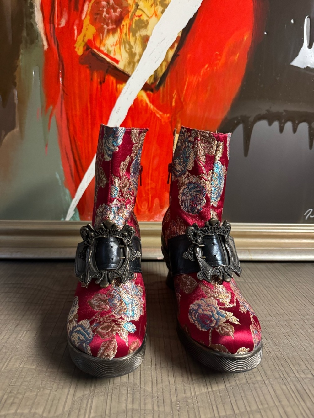 Anna Red floral Jacquard Ankle boots